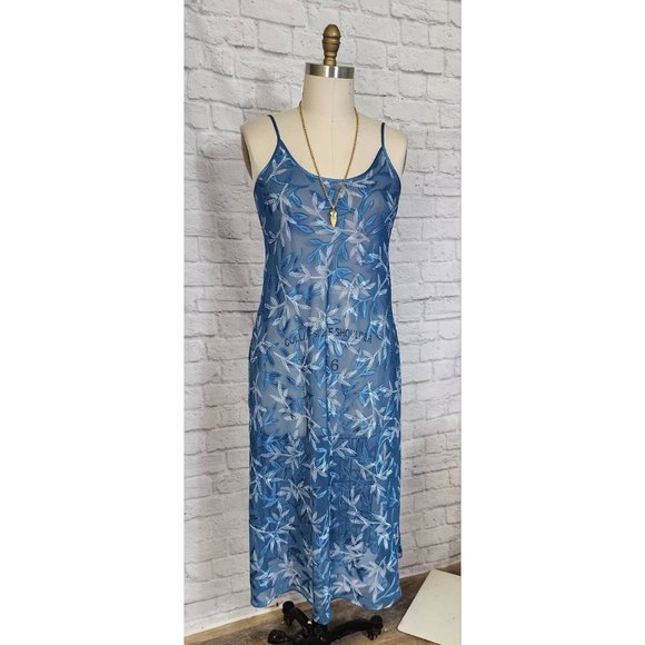 90s bias cut sheer blue leaf Designer Nightgown & Robe Set -Halston - Picture 2 of 6